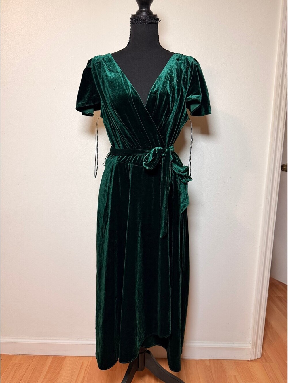 DKNY Hunter Green Velvet Wrap Maxi Dress 12 NWT V Neck